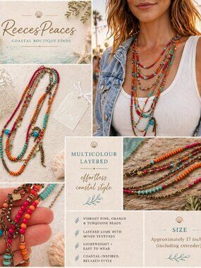 Multicolour Beaded Layered Necklace Coastal Statement Bright
